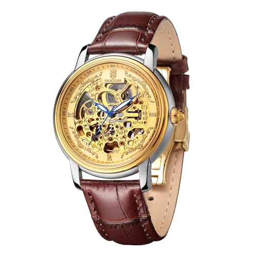 Image of ROCOSJEWE Men Analogue Luxury Watches Automatic Skeleton Watch Leather Strap Gold Dial Anti Shock Self Winding Dress Business Wristwatch Waterproof Luminous RW00142 Brown