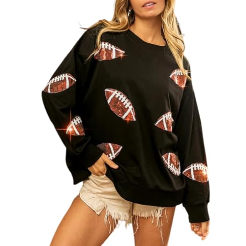 Football Sweatshirt Women Crewneck Oversized Game Day Sequin Casual Sweatshirts Lightweight Pullover Long Sleeve Shirt