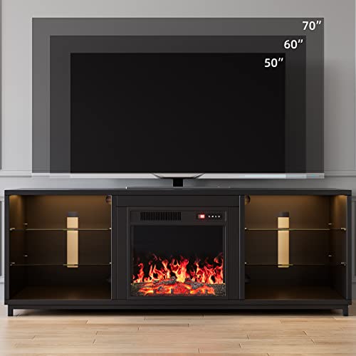 Vortextove Electric Fireplace 65 Inch Tv Stand Fire Place [Remote Control] [Diy Led Strips Light] [Adjustable Shelves] For The Living Room Tvs Up To 70 Inch , Black #TOP5