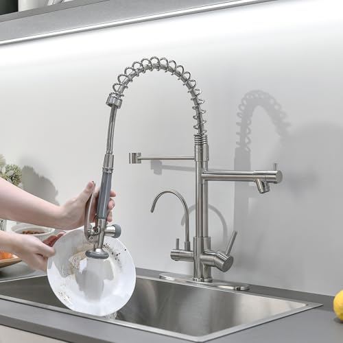 Image of Fapully 3 in 1 Commercial Kitchen Faucet with Sprayer and Water Filler | Brushed Nickel, Kitchen Upgrades,Pull Down Kitchen Sink Faucet with Drinking Water Faucet,llave para fregadero de cocina