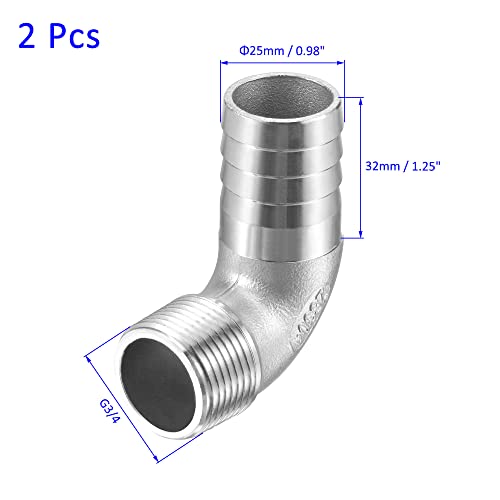 M METERXITY 2 Pack Hose Barb Fittings - 90 Degree Elbow Stainless Steel 25mm Pipe Connector Apply to Water Fuel (G3/4 Male Pipe) - Image 3