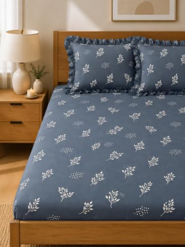 Image of King Size Fitted Bedsheet for Double Bed | 300 TC Cotton Feel Microfiber | All Around Elastic with 2 Frill Pillow Covers | Soft & Durable | (Design10, Fitted - 72 x 78 Inch King)