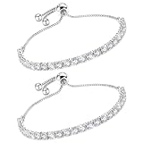 J.Fée 2PC Bracelets for Womens Silver 925 Tennis Bracelet,Adjustable Bracelet Set with 4MM Sparkle Cubic Zirconia,Silver Womens Jewellery,Mothers Day Gifts For Mum with Box