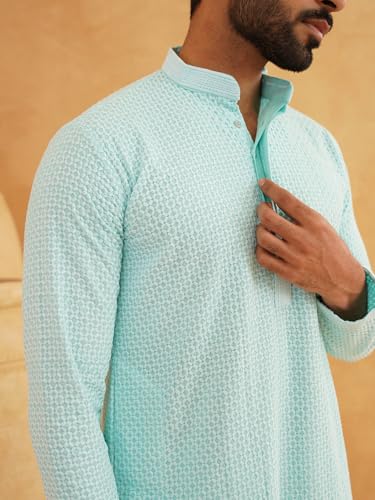 Image of Sojanya (Since 1958 Men'S Geometric Embroidered Thread Work Cotton Straight Long Kurta