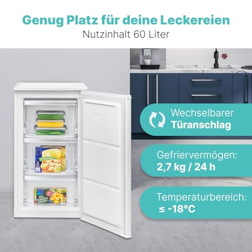 Bomann Gefrierschrank klein | 4 Sterne-Gefrierfach | Tiefkühlschrank 3 Fächer | leise | ≤ -18°C | Türanschlag wechselbar | 60L Mini Freezer | kleiner Gefrierschrank | GS 7256 weiß