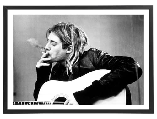Générique Tableau Nirvana Kurt Cobain 70 x 50 cm avec cadre en bois noir inclus - Affiche décoration musique noir et blanc