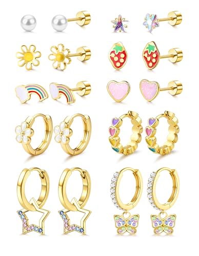 LOLIAS Hypoallergenic Earrings for Girls Flat Back-Stainless Surgical Steel Earrings for Sensitive Ears Women Cute Hoops Flatback Studs Screw Back Toddler Kids Teen Girls Earrings Jewelry 14K Gold Plated Age Over 4 Years Old