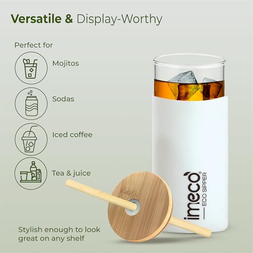 Image of IMECO ECO Sipper Glass Bottle with Bamboo Lid & Straw 450ml | Borosilicate Glass Tumbler | Leakproof & BPA-Free | Reusable, Non-Toxic & Lightweight | Ideal for Milk, Coffee & Tea - White