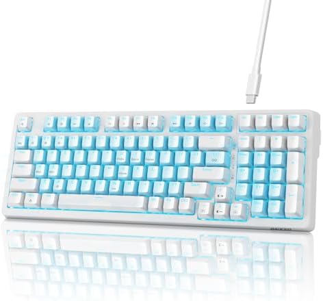 Mechanical Gaming Keyboard, Full Size 98 Anti-Ghosting Keys Red Switch Keyboards with ICY Blue Backlight, Wired Detachable USB Type-C Gaming Keyboard with Adjustable Kickstand