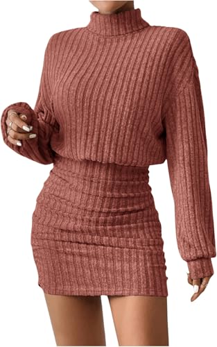 TrendiMax Damen Strickkleid Stehkragen Langarm Freizeitkleid Kurzes Party Club Kleid Herbst Enge Pullover Kleider Winterkleid (M, Rot)