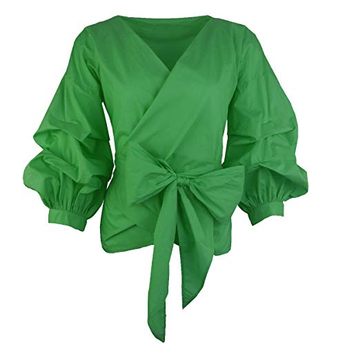 AOMEI Women Spring Summer Blouses with Puff Sleeve Sashes Shirts Tops