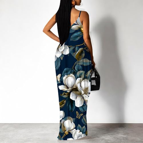 Image of Women's Summer Maxi Dress Spaghetti Strap Floral Boho Beach Long Sundress with Pockets