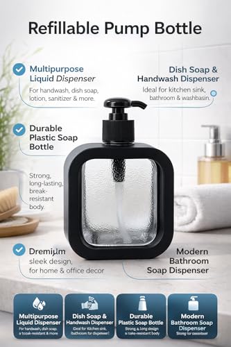 Image of 300ML Liquid Soap Dispenser | Refillable Pump Bottle for Hand Wash, Dish Wash, Shampoo, Conditioner, Shower Gel | Bathroom & Kitchen Use | Transparent Plastic |