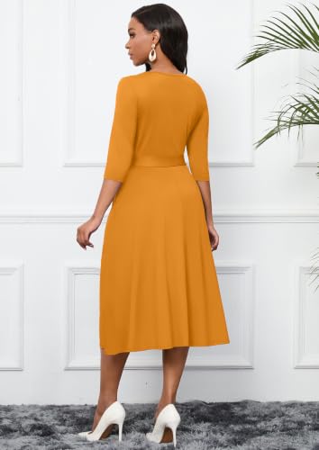 Image of CLOCOR Midi Dresses for Women Casual A-Line Fit and Flare Dress Crewneck 3 /4 Sleeve Keyhole Cocktail Party Church Dress