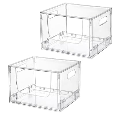 Vtopmart 2 Pack Large Foldable Open Front Storage Bins with Lids for Potato and Onion, Stackable Clear Plastic Container Organizer for Pantry, Kitchen, Cabinet, Bathroom, Closet Organization