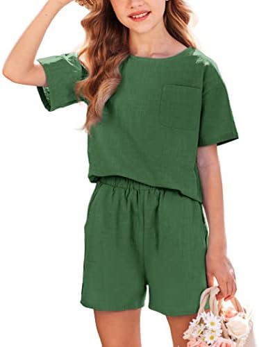 Flypigs Girls Shorts and Shirt Outfit Linen 2 Piece Set Short Sleeve Summer Clothes Set with Side Pockets, 9-10 Y