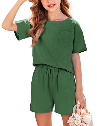 Flypigs Girls Shorts And Shirt Outfit Linen 2 Piece Set Short Sleeve Summer Clothes Set With Side Pockets, 9-10 Y #TOP30