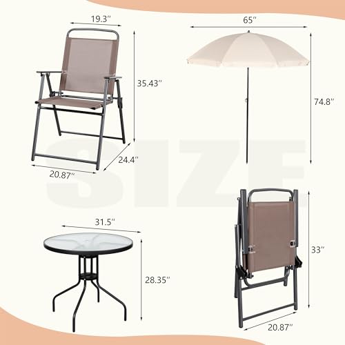 Vongrasig 6 Pieces Folding Patio Dining Set, All Weather Small Metal Outdoor Table and Chairs Set, Patio Furniture Set w/Umbrella, Glass Table & 4 Folding Chairs for Garden, Lawn, Backyard, Brown - Image 3