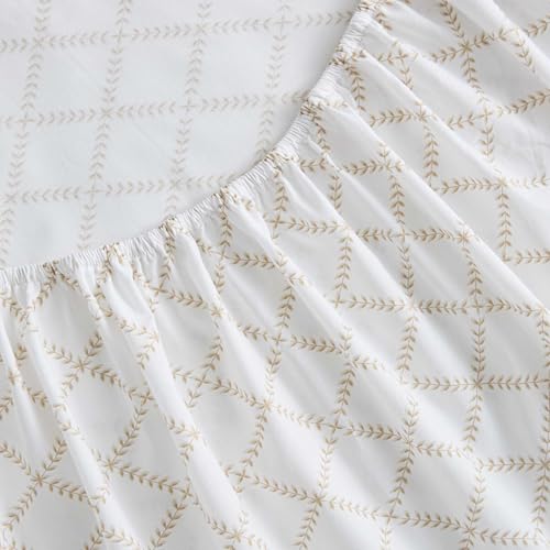Image of Martha Stewart - Full Size Sheet Set, Crisp & Tailored Sheets with a Smooth Cotton Percale Feel - Striped Bed Sheets with Matching Pillowcases & Fitted Sheet (Leaf Trellis Beige)