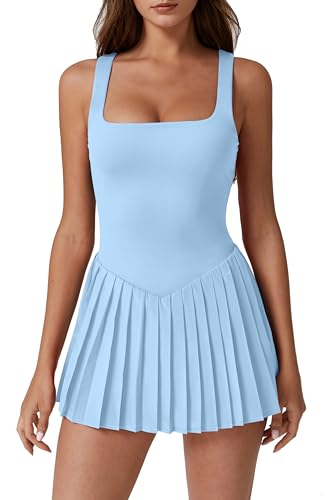 QINSEN Womens Square Neck Athletic Dress Sleeveless Pleated Tennis Golf Exercise Mini Dresses Sky...