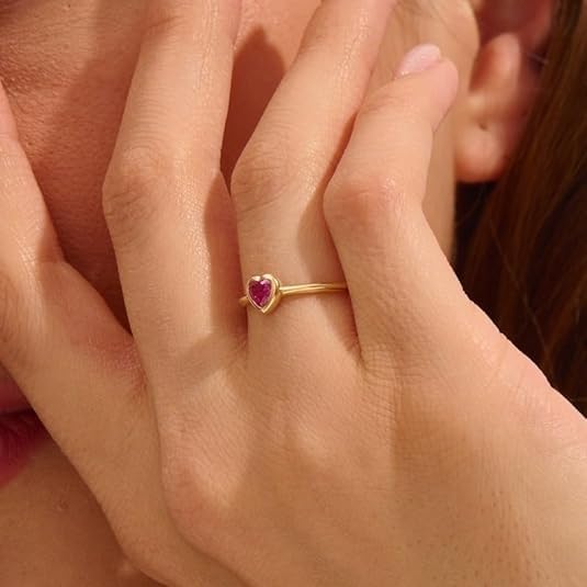 Premium Plated14k Gold Tiny Heart Ring, Gold Ruby Promise Ring, Dainty Stack Ring, Bezel Gemstone Pinky Rings for Women, Delicate Birthstone Ring3
