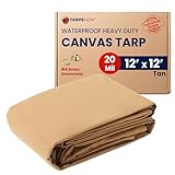 Tarps Now 12x12 Feet Waterproof Canvas Tarp|20 MIL Commercial Grade, Heavy Duty, Tear-Resistant, Rustproof Brass Grommets, Reinforced Edges| Ideal for Construction, Trucking, Manufacturing –Tan Color