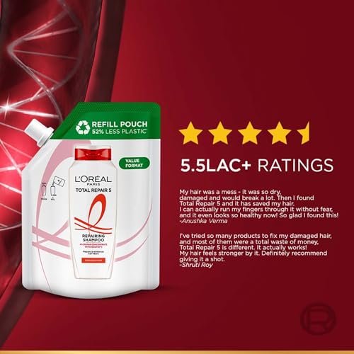 Image of L'Oreal Paris Shampoo, For Damaged And Weak Hair, With Pro-Keratin + Ceramide, Total Repair 5, 500 ml and 340 ml Combo