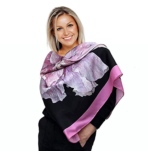 Large Square Silk Scarf, Black Shawl with Pink Flower, Mother, Women Gift