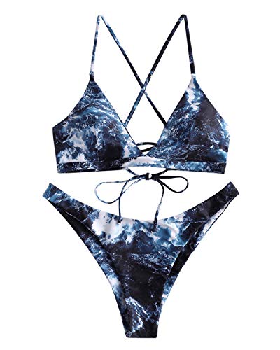 ZAFUL Women Lace up Braided Strap Bikini Set Padded V Neck High Leg Two Piece Swimsuit (Color8, M)