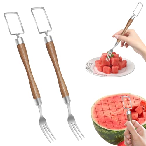 Stainless Cutter 2 en 1 coupe fruits en acier inoxydable, multifonctionnel outil de coupe pastèque, manche en bois coupe moulin à pastèque, convient pour de cuisine couteau à pastèque