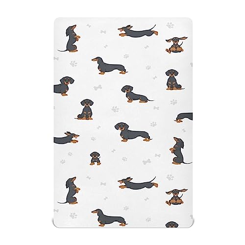 Black Dachshund Toddler Baby Crib Sheets, Neutral Mini Crib Mattress Sheets Fitted, Soft & Breathable 52 * 28 * 9In