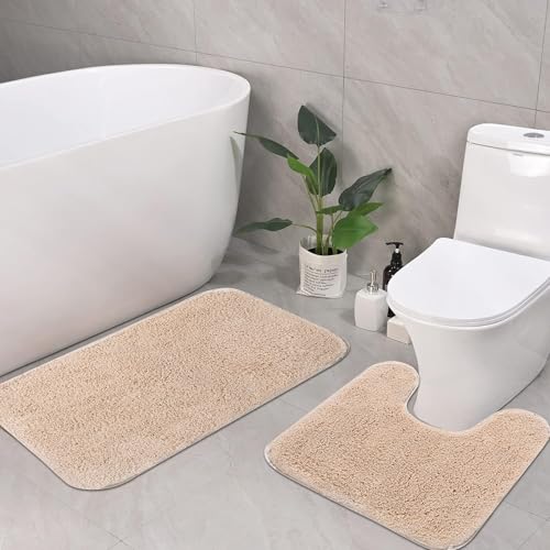 Image of Pano Microfiber Anti Slip Bathmat Set with Contour, Soft & Super Absorbent Mats for Shower, Washable, Non-Slip & Quick-Drying Mats for Home, Kitchen, Office, Pack of 2 (Cream, 50X75 Cm & 50X50 Cm)