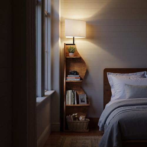 Image of Evermagin 4 Tier Corner Shelf with Light, 64'' Tall Corner Bookshelf with Unique Shape, Stylish Wavy Bookcase Tower with Storage Organizer for Small Space, Living Room, Bedroom (Rustic Brown)