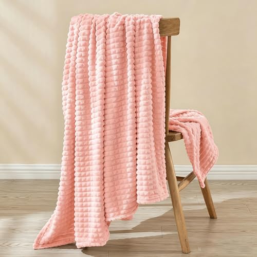 Image of EMME Fleece Blanket Twin Size Luxury Flannel for Couch Bed Sofa Chair, Soft, Plush, Warm and Cozy Blanket with Geometric Grid Design (Pink, 60'' x 80'')