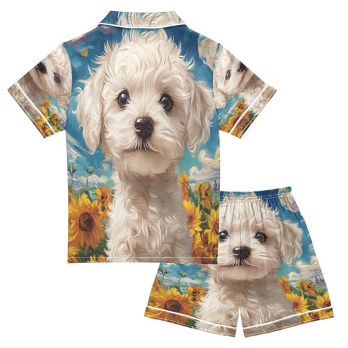 ALAZA White Dog Sunflower Blossom Satin Pajamas Set Short Sleeve Button Down Sleepwear Summer Pjs 2 Piece2