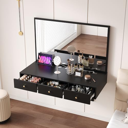 Goldicoo Tocador colgante con espejo, negro, tablero de partículas, 100 x 105 x 45 cm, 3 cajones, enchufes, soporte para tablet y soporte para bebidas, multifuncional como mesa de ordenador