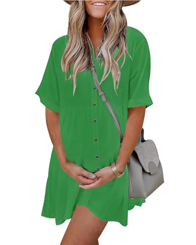 Image of PYGFEMR Women's Short Sleeve Babydoll Dress Button Down Dresses with Pockets