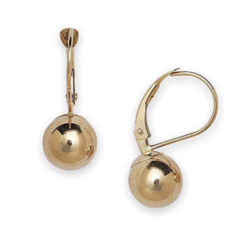 Jewelryweb - Real 14k Yellow Gold Fixed Polished Ball Lever Back Earrings - 4mm, 5mm, 6mm, 7mm, 8mm, 9mm, 10mm - Gold Dangle Earrings for Women- Hypoallergenic