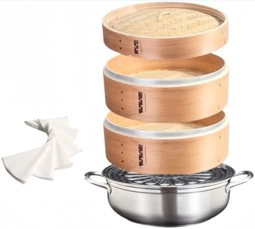 蒸し器・せいろ 中華蒸篭 天然竹製 多用途 IH対応 鍋つき蒸篭2段(本体2個蓋1個)セット 業務用 せいろ蒸し器 餃子 饅頭 点心 中華料理専用 シ蒸器 満菜 深型 兼用鍋 調理器具 (32 cmスープ鍋 +30 cm木製蒸し器、2段1蓋)