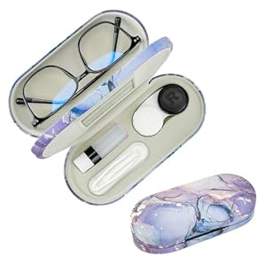 2 in 1 Contact Lens and Glasses Case,Double Sided Dual Use Design with Mirror, Tweezer and Contact Lens Solution Bottle,Portable Soak Storage Kit for Travel,Office(Purple Marble)