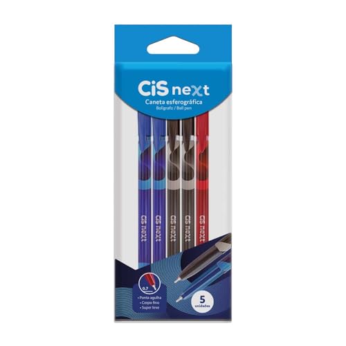 Caneta Esferográfica CIS Next, Pacote com 5 unidades (2 azul, 2 preta e 1 vermelha)