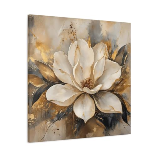 Tableau magnolia blanc or pour décoration salon au-dessus cheminée 75x75