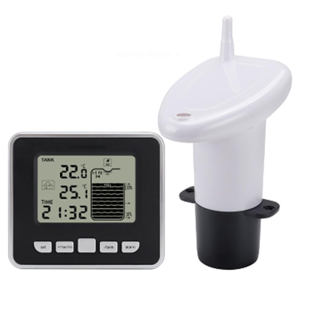 Kabelloser Ultraschall-Wassertank Flüssigkeitsstandsmessgerät Wasserstandsmessgerät Zeitanzeige Batteriestandsanzeige + Temperatursensor