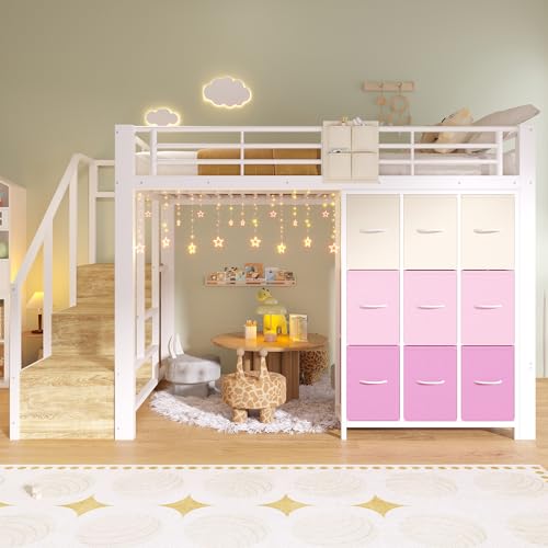 Yihomfy Lit Mezzanine 140×200cm avec échelle de Rangement, avec Espace de Rangement et 9 tiroirs en Tissu, Design barrière de sécurité, pour Enfants et...