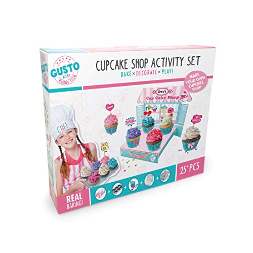 Children's Cupcake Shop Activity Baking Set - 6 Paper Holders, Piping Bag With 8 Nozzles, Display Stand, Non-Stick Tray & More - Perfect Real Baking Sets for Children