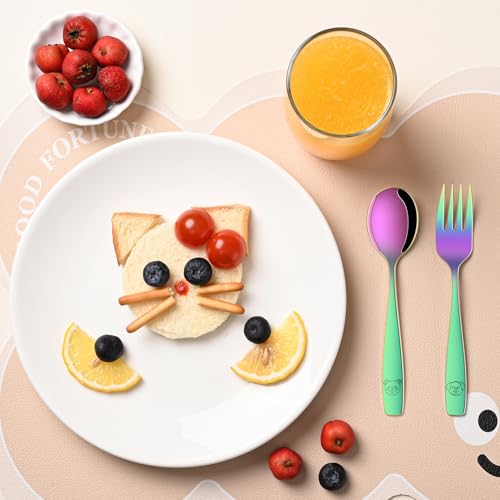 Image of DEHOV Rainbow Toddler Eating Utensils Set,Set Of 12 Food Grade Stainless Steel Silverware Sets For Kids,Dishwasher Safe Children Small Metal Spoons And Forks Flatware Sets