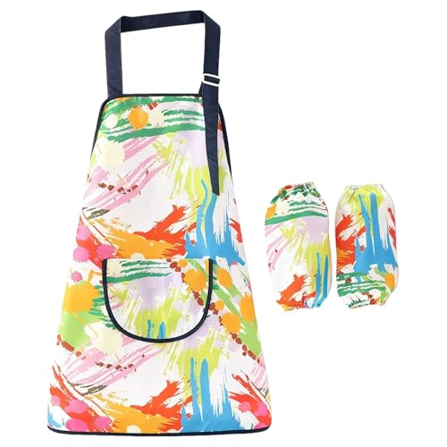 Delantal de cocina para niños, bata de arte ajustable con mangas para jugar desordenado, con 3 bolsillos de almacenamiento, material de poliéster impermeable con puños elásticos, delantal de pintura