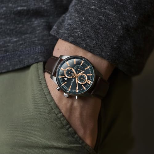 Image of Carlton London Windsor Men Analog Watch, Round Dial, Leather Strap, Quartz Movement, 43 mm Case, Slim Design, Lightweight Comfort, 30M Water Resistant, Casual Formal Wear