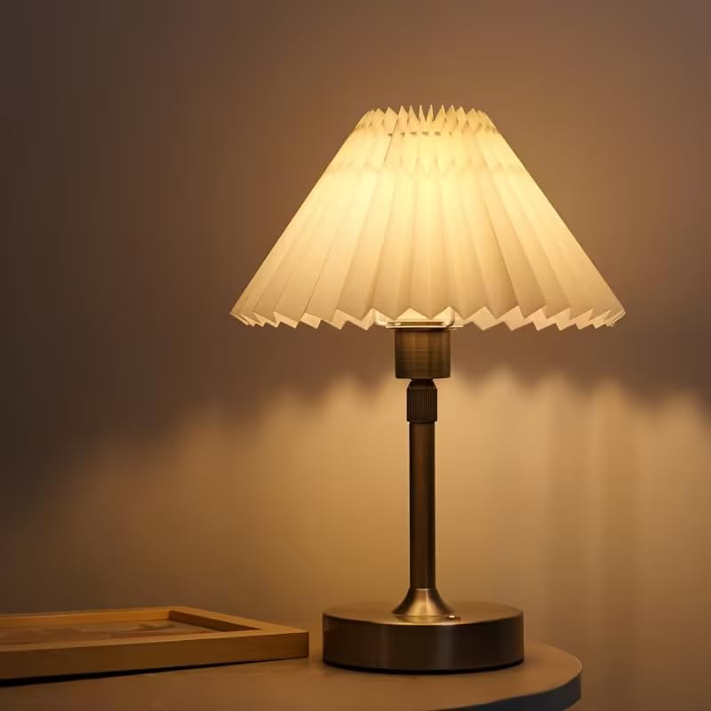 Image of NYRWANA Rechargeable Pleated Table Lamp | 2000mAh Battery | USB Charging | Stepless Dimming | Warm LED Bedside Lamp for Bedroom, Living Room, Study Table & Home Decor (Gold)