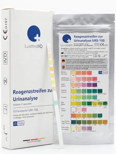 25x LuxmedIQ Urin Teststreifen - 10 Parameter Urinalysis Gesundheitstest - Teste auf Harnwegsinfektionen, Blasenentzündungen. Ketose, Diabetes, Nierenerkrankungen, Lebererkrankungen, Dehydrierung